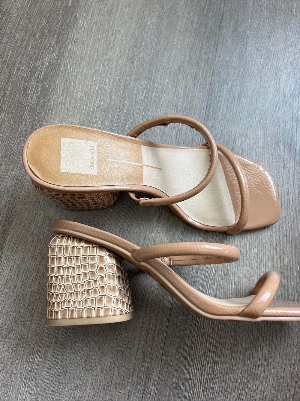Dolce Vita Patent Strappy Block Heel Sandals in Tan